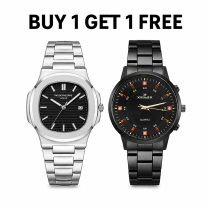 Luxury Men’s Watch Set – Buy 1 Get 1 Free | Premium Silver & Black Stainless Steel Watches