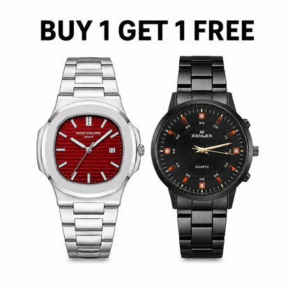 Luxury Men’s Watch Set – Buy 1 Get 1 Free | Premium Silver & Black Stainless Steel Watches