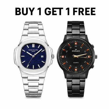 Luxury Men’s Watch Set – Buy 1 Get 1 Free | Premium Silver & Black Stainless Steel Watches