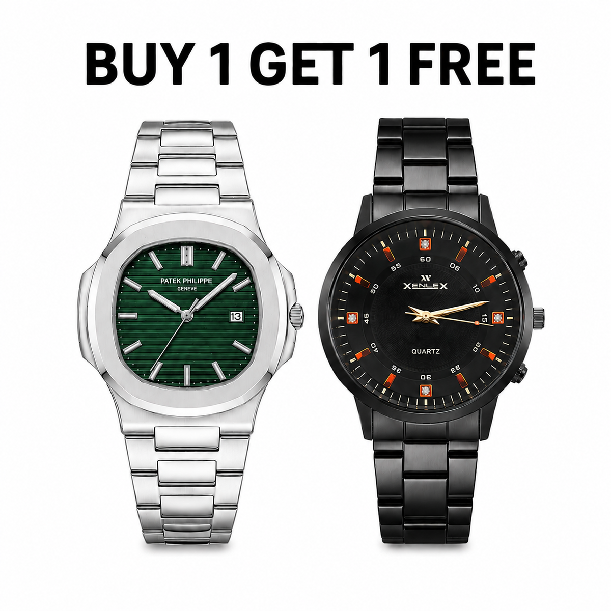Luxury Men’s Watch Set – Buy 1 Get 1 Free | Premium Silver & Black Stainless Steel Watches