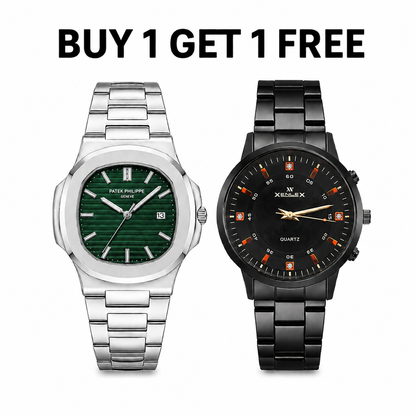 Luxury Men’s Watch Set – Buy 1 Get 1 Free | Premium Silver & Black Stainless Steel Watches