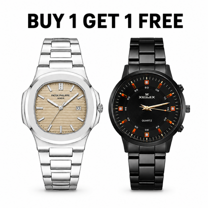 Luxury Men’s Watch Set – Buy 1 Get 1 Free | Premium Silver & Black Stainless Steel Watches