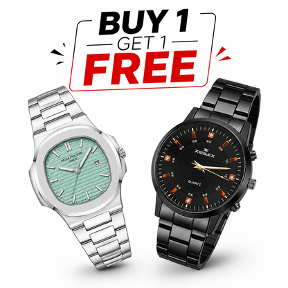 Luxury Men’s Watch Set – Buy 1 Get 1 Free | Premium Silver & Black Stainless Steel Watches